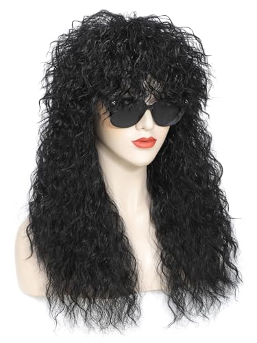 Adequate Women’s 80s Rocker Mullet Wig Halloween Costume Wig Long Curly Black Party Funny Wig (Black) - color: W-Black