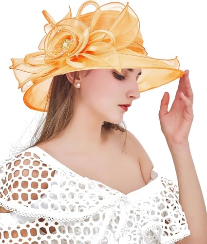 Women Derby Fascinator Hat Organza Church Wedding Hats Wide Brim Cocktail Tea Party Hat - color: 08 Orange