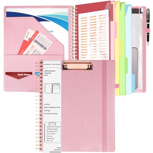 HAUTOCO Spiral Leather Clipboard Folio with Notepad (8.5 x 11''), 5 Folders with 10 Pockets, Storage Zipper Pouch, Pen Loop, 39 Stickers, Padfolio Organizer for Work School, Pink - color: Pink