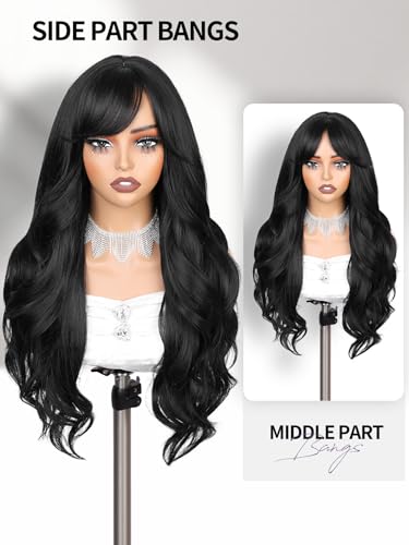 WIGER Black Long Wavy Hair With Bangs, Layered Synthetic Curly Wig Black Wig for Women Daily Party Use, No Lace Cosplay/Music Festival/Carnival/Valentine's Day Wigs - color: Black