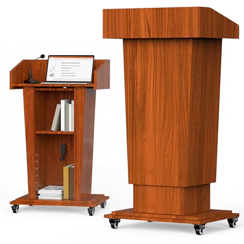 Tredre Wooden Podium Stand with Wheels, 41”–54.5” Height Adjustable Lectern - color: Brown