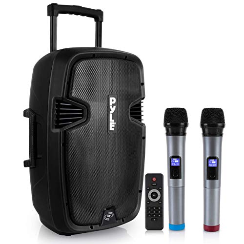Pyle Karaoke Portable 15-inch PA Speaker System - 1600W Active Powered Bluetooth Compatible Speaker, Rechargeable Battery, Easy Carry Wheels, USB MP3 RCA, FM Radio, 2 UHF Microphone - color: Charcoal