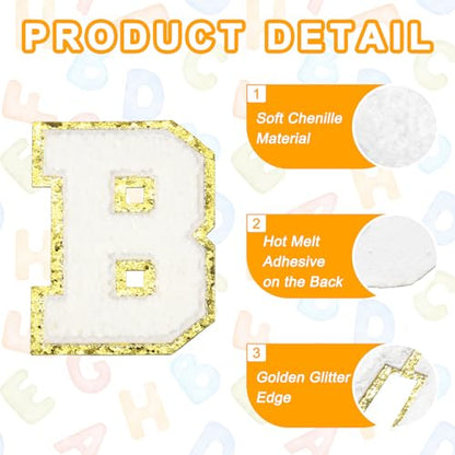 MECCANIXITY Chenille Letter Patches 3.1" Alphabet B Iron on Embroidered Patch Sew on Letter Stickers Applique for Repairing Clothing Jeans Shoes Hats DIY(White, Pack of 4) - style: Letter-B