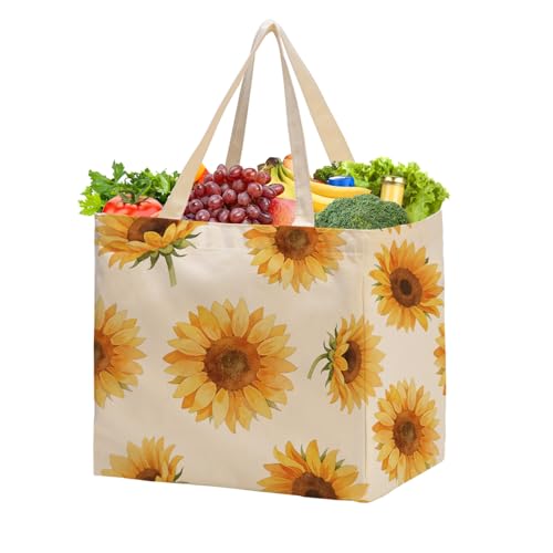 Aesthetic Canvas Reusable Grocery Bags Heavy Duty, 8.3 gal Foldable Large Tote Bag with Handles, Holds 60 lbs & Washable Eco-friendly Bags with 5 Pockets, Beige with a print 1 Bags - color: [A4] Sunflower, size: 1 Pack