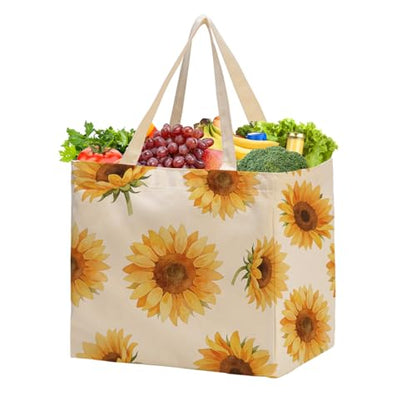 Aesthetic Canvas Reusable Grocery Bags Heavy Duty, 8.3 gal Foldable Large Tote Bag with Handles, Holds 60 lbs & Washable Eco-friendly Bags with 5 Pockets, Beige with a print 1 Bags - color: [A4] Sunflower, size: 1 Pack
