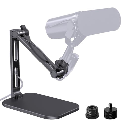 Heavy Duty Desktop Mic Stand, Flexible Arm, Weighted Base, Max 2.68lb Load | Fits Shure/Rode/Fifine/Blue Yeti & More Studio PodMics for Podcasting, Streaming, Recording, 3/8 Thread, 5/8 & 1/4 Adapters - color: Deep Black