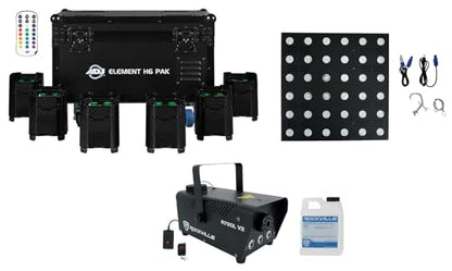 Audiosavings Bundle: Element H6 Pak (6) RGBAW+UV LED Outdoor Wireless DMX Wash Lights Bundle with Rockville Stage Matrix 36 RGB 6x6 Matrix Blinder Light + Fog/Smoke Machine w/Remote+Fluid (3 Items)
