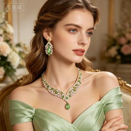 Tiaras Crowns for Women,Wedding Jewelry Set, Tiaras Necklace Earrings Crystal Bridal Wedding Jewelry Sets for Brides Bridesmaid Prom Costume Accessories - color: Gold lack green