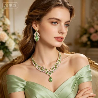 Tiaras Crowns for Women,Wedding Jewelry Set, Tiaras Necklace Earrings Crystal Bridal Wedding Jewelry Sets for Brides Bridesmaid Prom Costume Accessories - color: Gold lack green