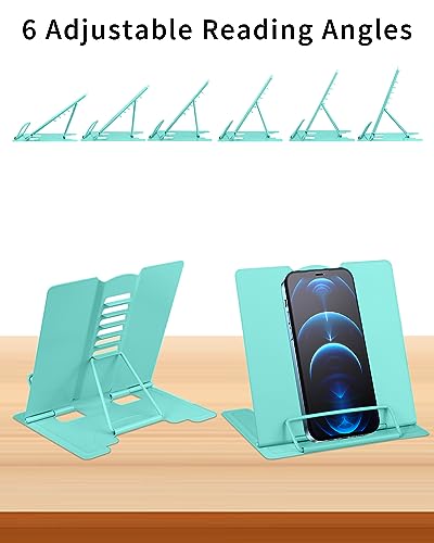 MSDADA Small Desk Book Stand Metal Reading Rest Book Holder (Light Green) | Adjustable Cookbook Documents Holder Portable Sturdy Bookstands for Recipes Textbooks Tablet Music Books - color: Light Green
