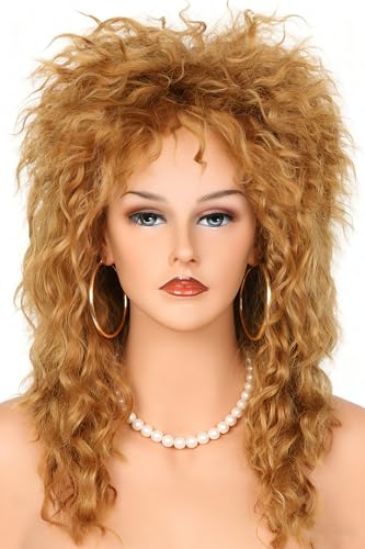 80s Rock Diva Wig Dirty Gold Fluffy Big Roll Mullet Wigs for Man or Woman Halloween Party Costume Cosplay Wig - color: Golden/Brown