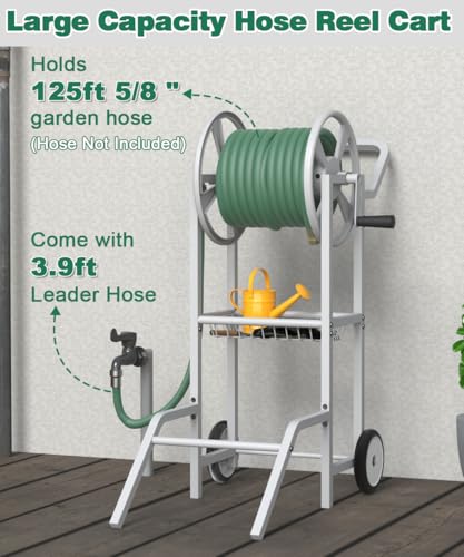 Hose Reel Cart with 2 Wheels, Garden Water Hose Holder Heavy Duty Powder Coated Steel Outdoor Winder Storage Holds 125 ft 5/8" Hoses with Basket and 3.9ft Leader Hose for Backyard, White - color: White
