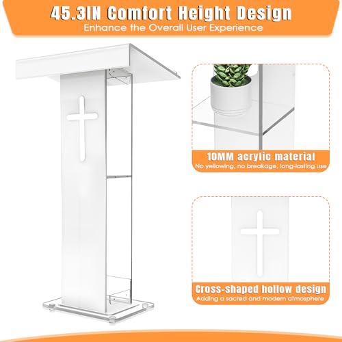 45.3" Acrylic Podium Lectern with Double Shelves, Modern Plexiglass Clear Church Pulpit with Cross Design - Ideal for Classroom, Conference, Wedding, and More
