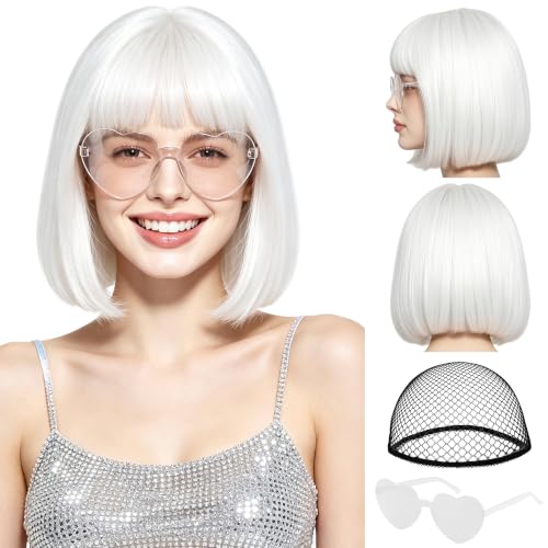 Short Bob Straight Hair Wigs with Bangs, Synthetic Fiber Colorful Hair, Heart-shaped Sunglasses for Women (White) - color: White