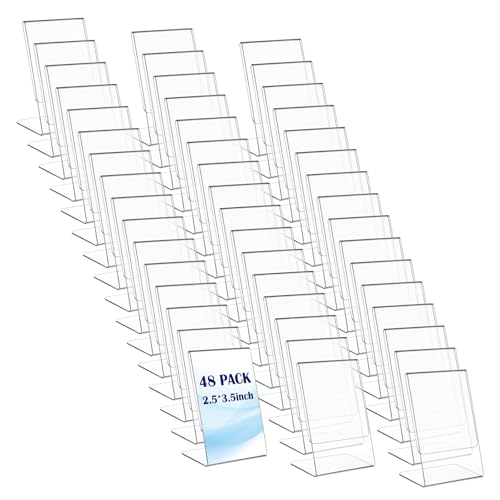 YUXIANLB 48PCS 3.5 x 2.5 Inch Acrylic Photo Frame, Clear Small Sign Holder L Shape Mini Card Display Stands for Office Wedding Restaurant Menu, Business Card Holder Food Labels Table Top Sign