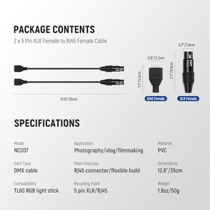 Neewer 5 Pin DMX XLR Female to RJ45 Female Cable, 2 Pack RJ45 to 5 Pin XLR Adapter Connector ONLY for TL60/TL90C/TL120C RGB Tube Light Wand and DMX512 Console Lighting Controller, 1ft/35cm, NC007 - style: 5 Pin Female to Female Cable