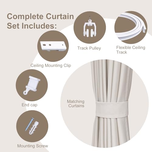 MaKefeile Room Divider Curtains & Flexible Bendable Tracks Set,Privacy Dividers Ceiling Track Curtain Window Blackout Curtains for Living Room Bedroom (W150 × H96 in 1 Panel Beige Drape & White Rail) - color: Beige, size: 150"W x 96"L (Pack of 1)