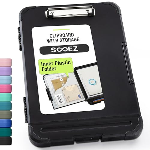 Sooez Reinforced Clipboard with Storage, Inner Plastic Folder Attached, Heavy Duty Plastic Clip Boards 8.5x11 with Pen Holder, High Capacity Nursing Clipboard for Teacher Office Home, Letter / A4 Size - color: Black