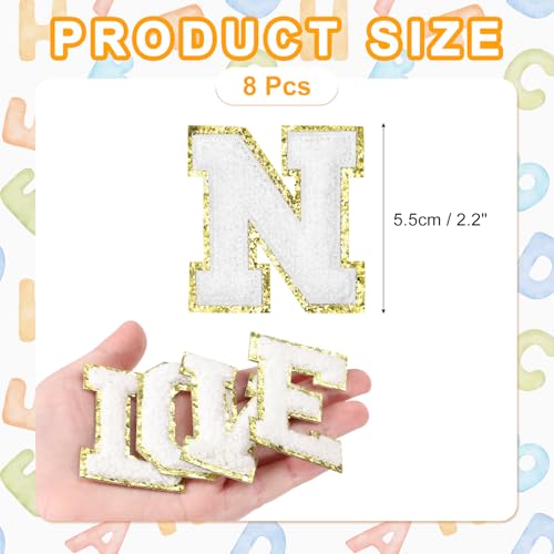 MECCANIXITY Chenille Letter Patches 2.2" Self Adhesive Alphabet N Stick on Embroidered Patch Sew on Letter Stickers Applique for Repairing Clothing Jeans Shoes Hats DIY(White, Pack of 8) - style: Letter N