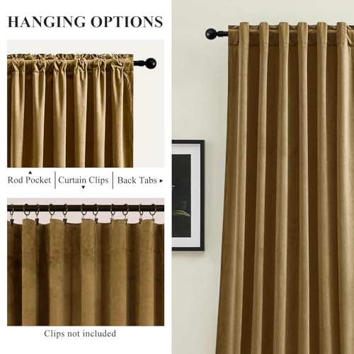 Gold Velvet Blackout Curtains 96 Inches, Floor to Ceiling Drapes Back Tab | Black Out, Room Darkening, Energy Efficient, Rod Pocket, Super Soft Velvet, Easy Install, Gold Brown, W52xL90, 2 Panels - color: Goldbrown, size: 52"W x 96"L (Pack of 2)