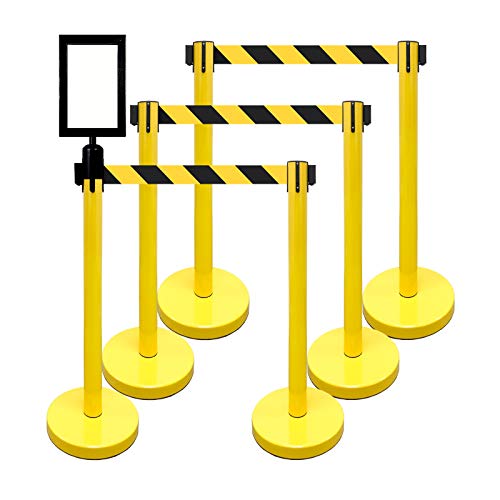 Retractable Stanchion, 6 SPECIALTY Posts + Signframe, 36" Ht, 78" Special Event & Holiday Theme Belt + Bonus Replacement Cassettes + Wall Receiver (YEL Post/Blk&Yel Belt) - color: Yel Post/Blk&yel Belt