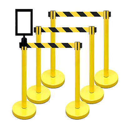Retractable Stanchion, 6 SPECIALTY Posts + Signframe, 36" Ht, 78" Special Event & Holiday Theme Belt + Bonus Replacement Cassettes + Wall Receiver (YEL Post/Blk&Yel Belt) - color: Yel Post/Blk&yel Belt