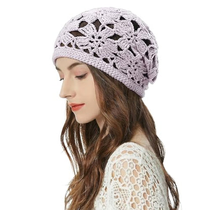 ZLYC Women Cotton Crochet Slouchy Beanie Hat Handmade Knit Summer Skull Cap | Lightweight breathable,boho casual chic look,travel photos festival party,café commute daily wear,beach concert gathering - color: Crochet Purple
