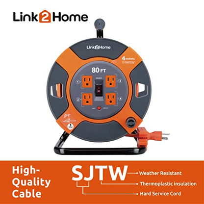 Link2Home 80 Ft. Extension Cord Reel, 4 Power Outlets, 14 AWG SJTW | Heavy-duty cable, high-visibility jacket, ideal for job sites and garages - size: 80 feet