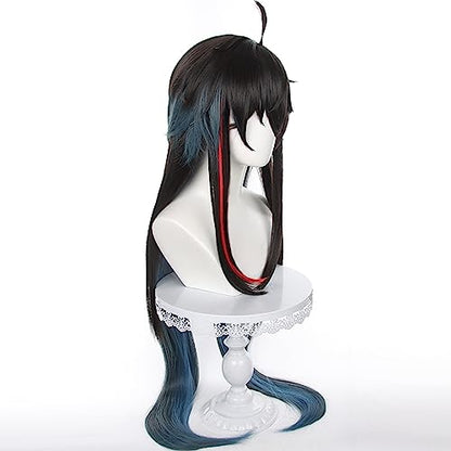 Anime Black Blue mixed Red Wigs Men Long Straight Wig with Ahoge Bangs Layered Haircut Adult Game Dragon Lunae Cosplay Wigs Halloween,Christmas,Comic con,Game Show,Party - color: Black Blue