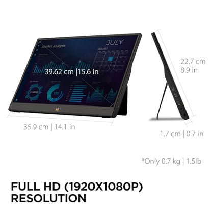 ViewSonic VA1655 16 Inch 1080p Portable Monitor, FHD IPS External Screen | USB C, Mini HDMI, Eye Care, Built In Stand, Protective Case, Macs, PCs, Home Office, Travel, Portrait Landscape, 60W Charging - size: 16-Inch 60Hz