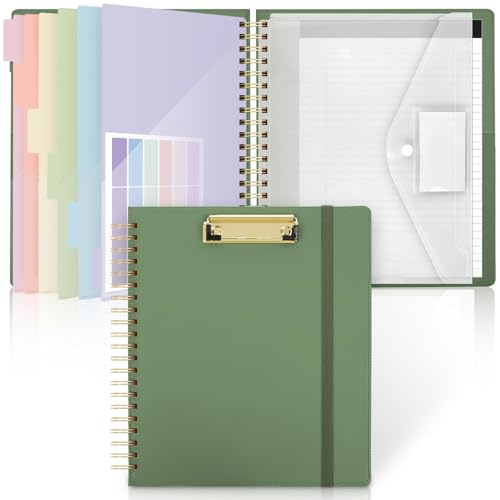 SKYDUE Storage Clipboard Folder with 6 Dividers & Refillable Notepad | 6 Dividers with 12 Pockets for Letter Size, A Snap-seal Letter size Pouch,Spiral Clipboards Padfolio for Teacher Worker Nurse - color: Olivegreen