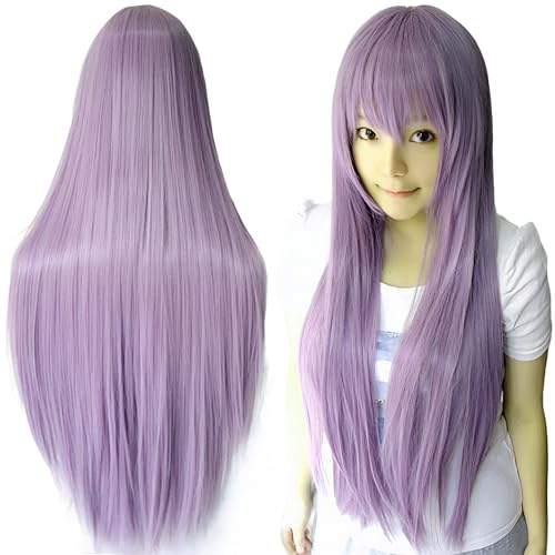 80cm Long Straight Natural Hair Cosplay Wigs with Bangs Colorful Halloween Costume Party Wig for Women (Purple) - color: Purple