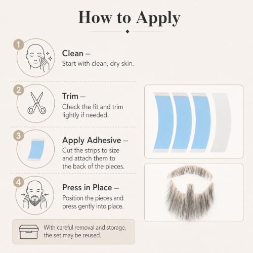 Hand-Tied Human Hair Fake Beard and Mustache for Costumes and Theater | Hand-knotted human hair on lightweight lace creates natural-looking facial hair for costumes, cosplay, theater and film - color: Style 1--03