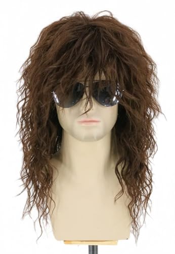Topcosplay Men Wigs 80s Mullet Wig Long Brown Curly for Rock Disco Party Costume - color: Dark Brown