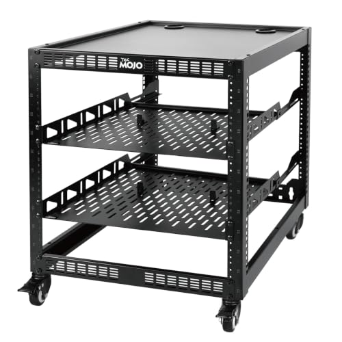 TECMOJO 12U Open Frame Network Rack for IT & AV Gear, 4-Post With Casters, Mobile With 2 PCS 1U Server Shelf & Mounting Hardware, for 19" Network, Audio and Video Device - size: 12U with Casters