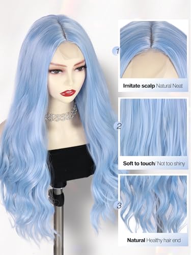 Quantum Love Long Curly Blue Wig for Women Light Blue Long Wavy Wigs 28 Inch Natural Looking Synthetic Fashion Color Hair for Cosplay Halloween Daily Party Use - color: Light Blue