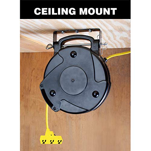 Alert ProReel Pro-Grade 8150MP Heavy-Duty Retractable Extension Cord Reel | 50' - 14/3 SJTOW Electrical Retracting Cord | Tri-Tap Grounded Outlet with Power Light | 13 Amp Resettable Circuit Breaker