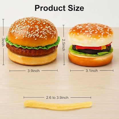 Peohud 2 Pack Artificial Hamburger and 30 Pcs Artificial French Fries, Realistic Fake Food for Display, Faux Beef Burger for Photography Props, Home Kitchen Party Decoration