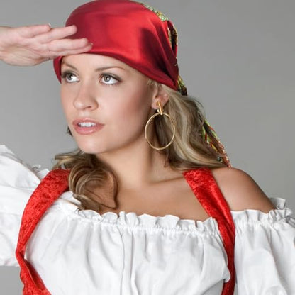 Women Pirate Costume Accessories Set|Headscarf Wrap Hat Sash Belt Cosplay Outfit With Stainless Steel Earring Necklace - style: 5 Pcs Pirate Set - Red