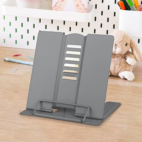 Honagu Small Book Stand Book Holder Metal Desk Stand for Reading Hands Free, Adjustable Cookbook Documents Holder, Portable for Music Books, Textbook, Recipe, Tablet, Ipad, Great Gifts (Grey) - color: Grey