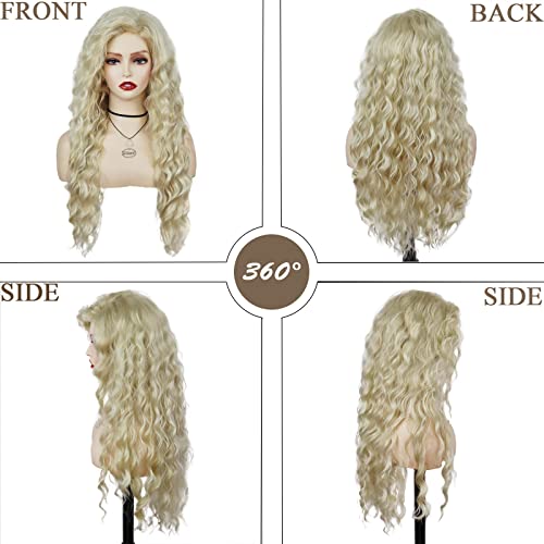Womens Long Blonde Curly Wigs Wavy Fluffy Wig Soft Thick Body Wave Hair - color: Lightest Blonde