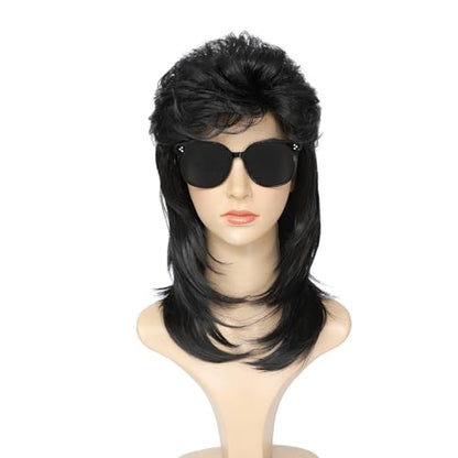 Mullet Wig, Retro Rocker Style Wig, 80s & 90s Costume Glam Party Accessory, Ideal for Halloween and Cosplay(Black) - color: w57-Black
