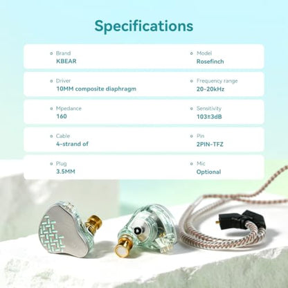 Kinboofi KBEAR Rosefinch in-Ear Headphone,Noise Cancellation Earphone with Aviation-Grade zinc Alloy faceplate Wired Earbuds Haedphone with Detachable Cable for Singer (Aqua Green, No Microphone)…… - color: Aqua green, size: No Microphone