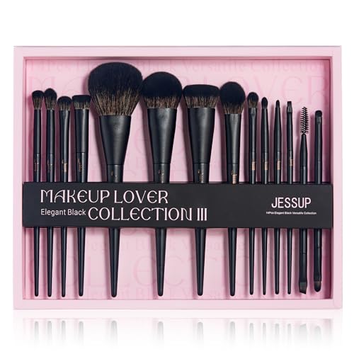 Jessup Makeup Brushes Set Jessup Make up Brushes 14Pcs Black Kabuki Foundation Eyeshadow Contour Concealer Powder Eyeliner Crease Eyebrow Blending Brush with Gift Box, T336-G - color: Black-14pcs Gift, size: Full Brush Set