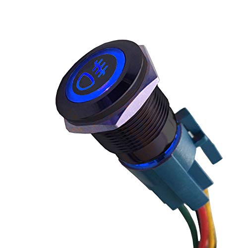 ESUPPORT 12V Car Blue LED Light Front Fog Push Button Metal Toggle Switch | Vehicle 19mm 5A Switches Socket Plug Wire Latching ON OFF Balck Shell - color: Blue Fog Light