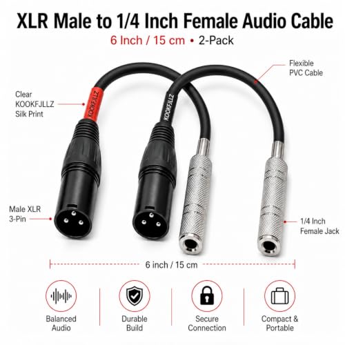 XLR Male to 1/4 Inch TRS Female Patch Cable 6 Inch 2-Pack | Balanced XLR to Quarter Inch Adapter | 20AWG OFC | Studio Mixer Audio Interface Microphone Guitar Amp PA System