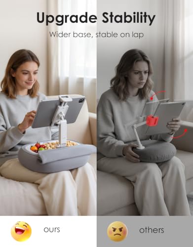 RIWUCT Tablet Pillow Stand for Bed, [Adjustable & Stable] Kindle Holder for 5-12.9" Phone/iPad/Tablet/E-Reader with 360° Rotating Clip & Snack Bowl, for iPad Stand Hands-Free Reading on Bed/Sofa, Gray - color: Gray