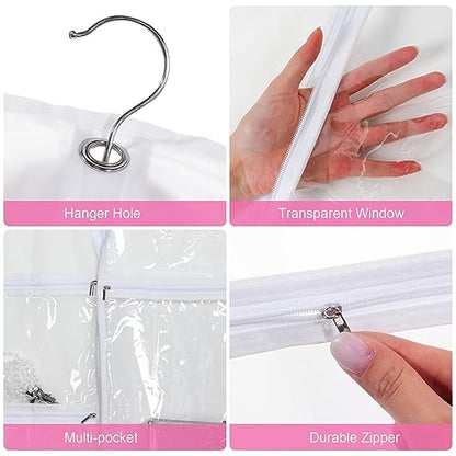 6 Pcs 24'' x 50'' Clear PVC Garment Bag Dance Costume Competition Bag with Rack Zippers Pockets Hanging Garment Covers Costume Organizer Costume Carrier for Adults Kids(White) - color: White