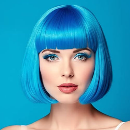 LIULIUBTY Short Bob Hair Wigs Straight with Flat Bangs Synthetic Colorful Cosplay Daily Party Neon Wig for Women + Free Wig Cap 15" Natural As Real - color: Blue
