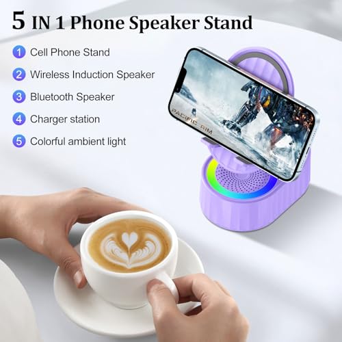 AKLLCCR Wireless Induction Bluetooth Speaker 5in1 Phone Holder Speaker | 3000mAh Rechargeable Phone Speaker Amplifier,Ambient Light,Portable Stand for iPhone,Android,Ideal Gift for Men/Women - color: Purple